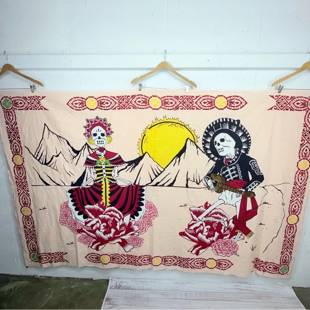 Sunshine Joy Mexican Day of the Dead Peach Tapestry 94 x 58.5”